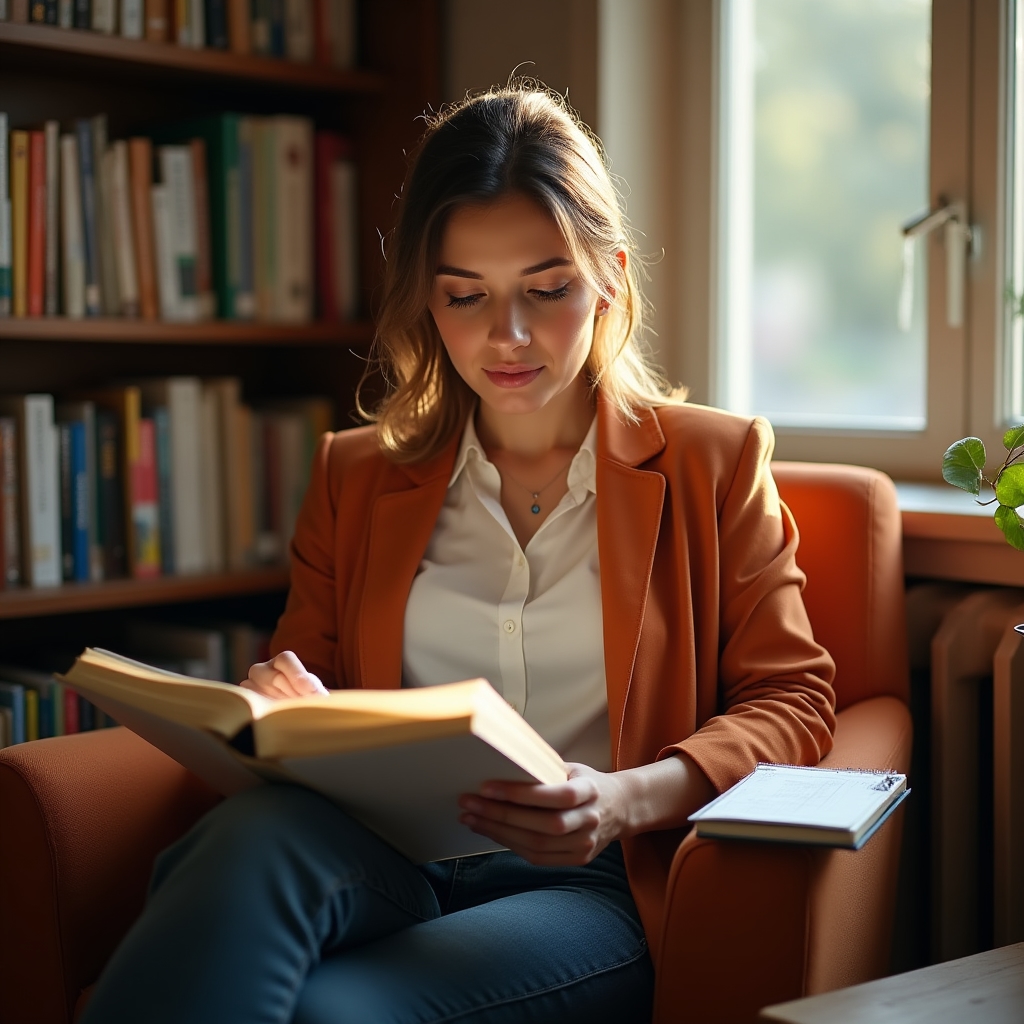 Profesionál číta materiály po absolvovaní tréningu